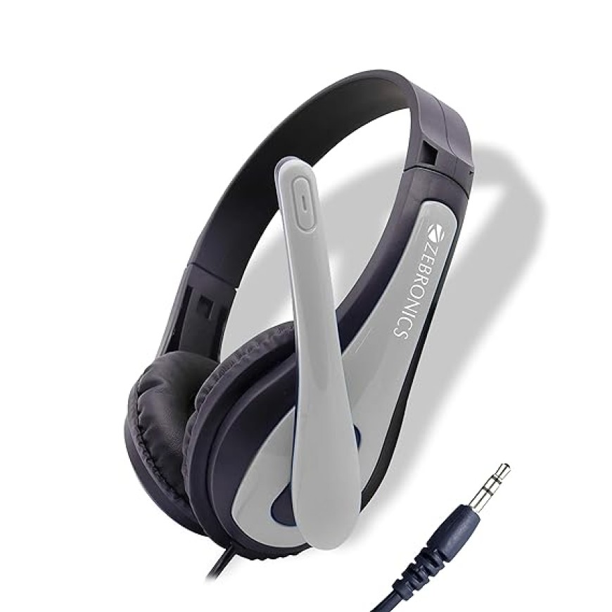 Zebronics Zeb Bolt - Wired Headphone with 3.5mm Audio Input Jack for Mobile Phone / Tablet, adjustable Headband / Mic, 1.9M Cable, Volume Control Pod